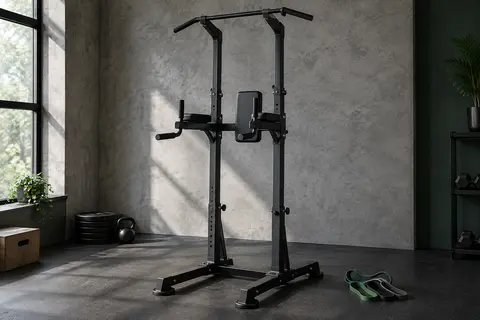 Chaise romaine noire avec barre de traction, poignées de dips et base en H dans un home gym