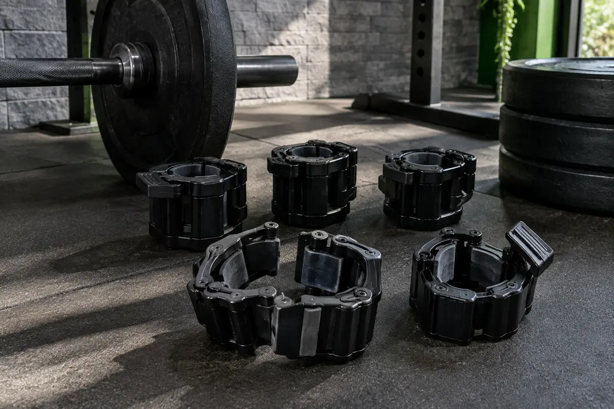 Six colliers noirs à serrage rapide pour barre de musculation de 30 mm, posés dans un home gym.