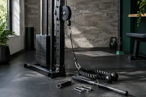 Poulie de musculation noire avec câble, barre droite et corde dans un home gym sobre