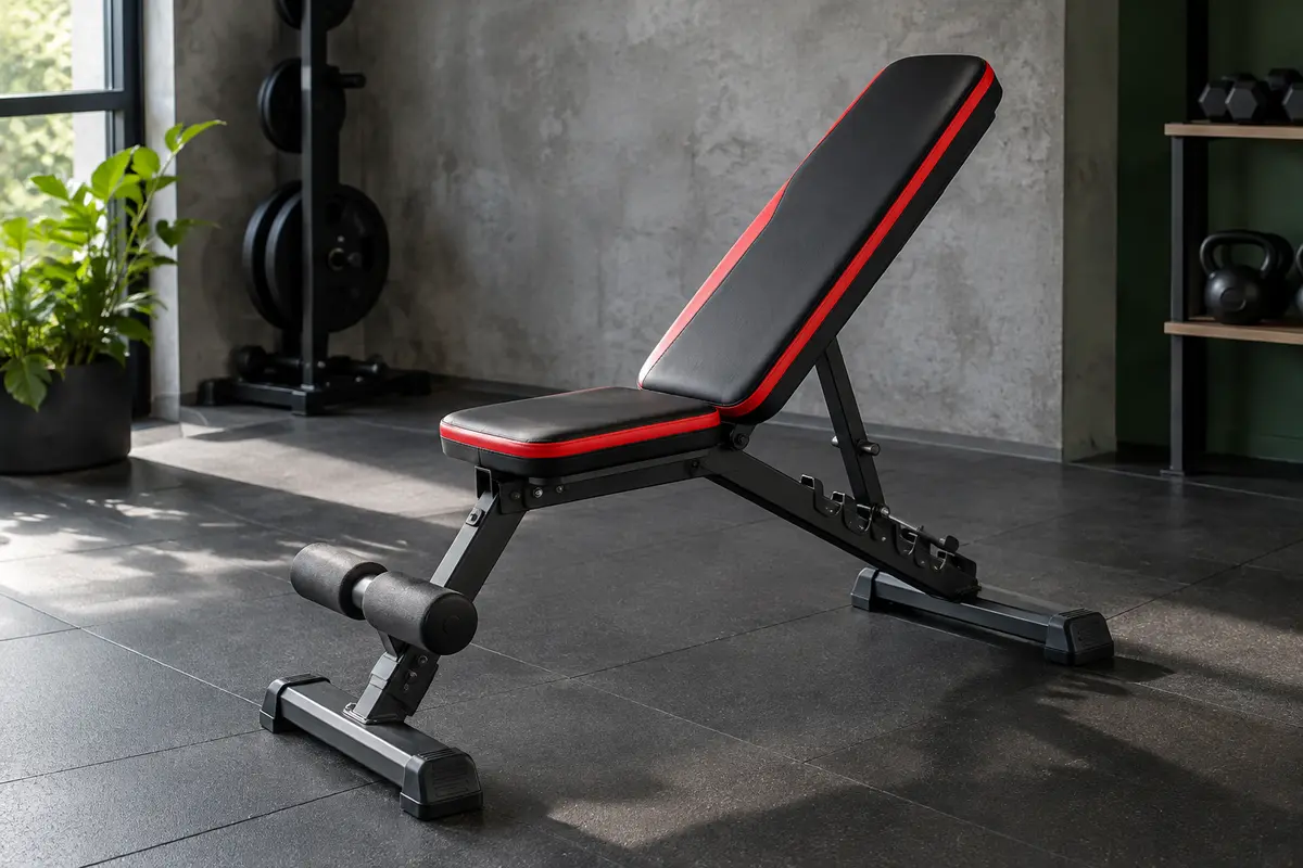 Banc de musculation pliable noir et rouge avec dossier réglable, présenté déplié dans un home gym sobre.