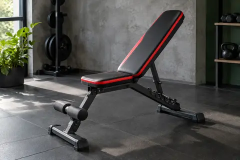 Banc de musculation pliable noir et rouge avec dossier réglable, présenté déplié dans un home gym sobre.