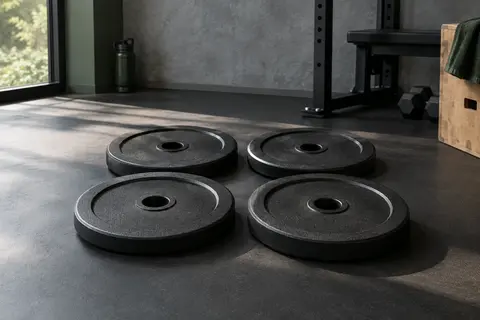 Quatre disques de musculation noirs en fonte posés sur le sol d’un home gym sobre.