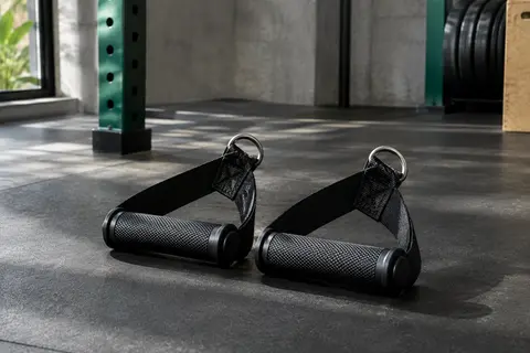Paire de poignées de tirage noires en nylon avec anneaux en D posée dans un home gym