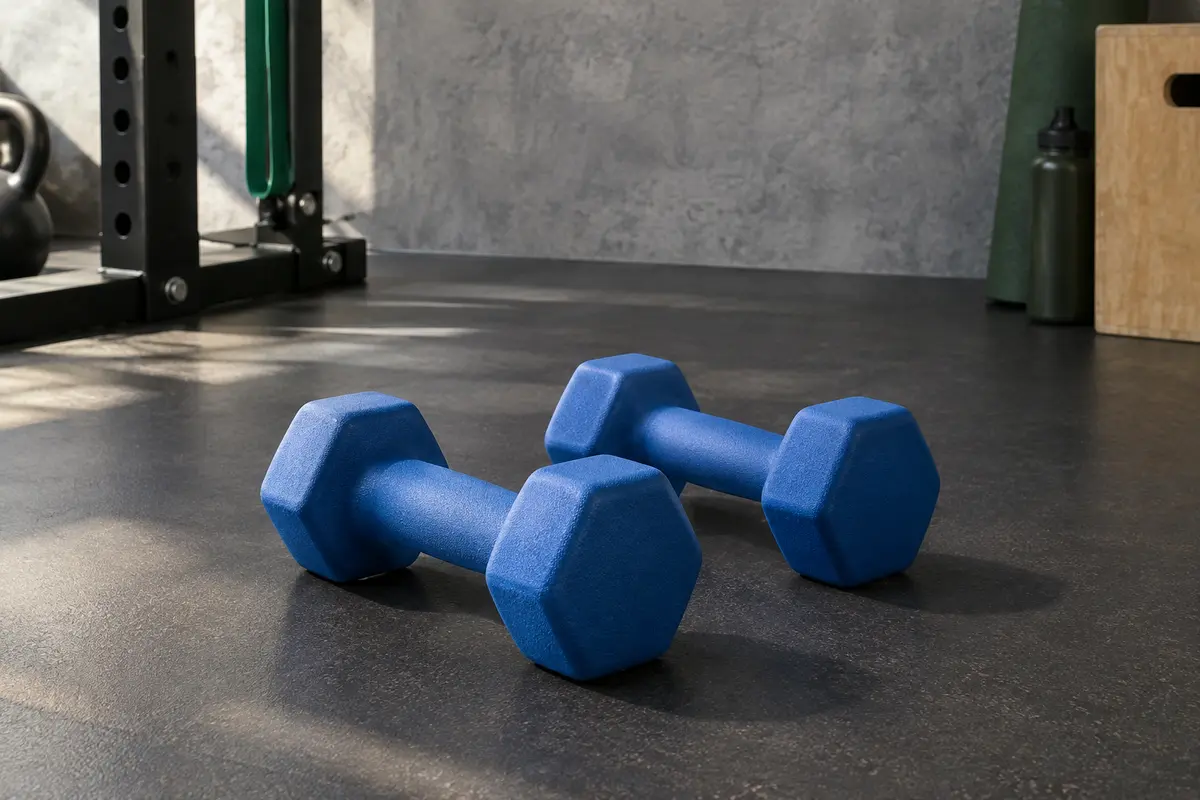 Paire d’haltères hexagonaux bleus de 4 kg posés au sol dans un home gym sobre