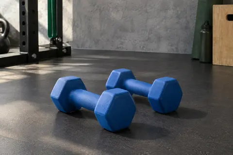Paire d’haltères hexagonaux bleus de 4 kg posés au sol dans un home gym sobre