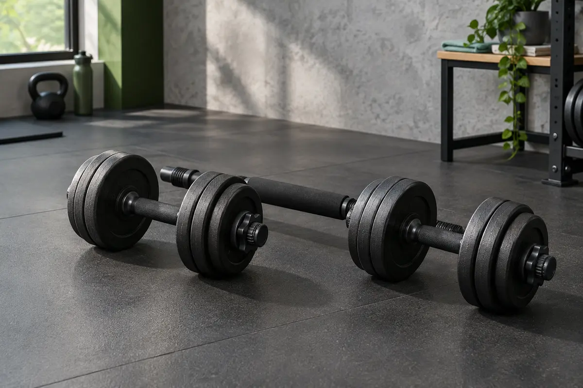 Kit noir de deux haltères réglables avec disques en fonte et barre de liaison dans un home gym