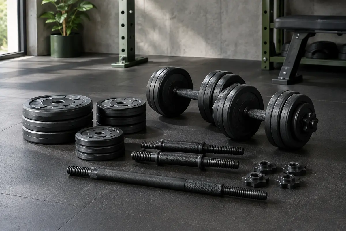 Kit d’haltères réglables Songmics noir avec disques, fermoirs à étoile et barre d’extension dans un home gym.