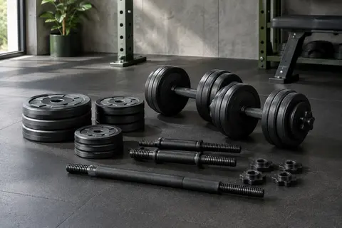 Kit d’haltères réglables Songmics noir avec disques, fermoirs à étoile et barre d’extension dans un home gym.