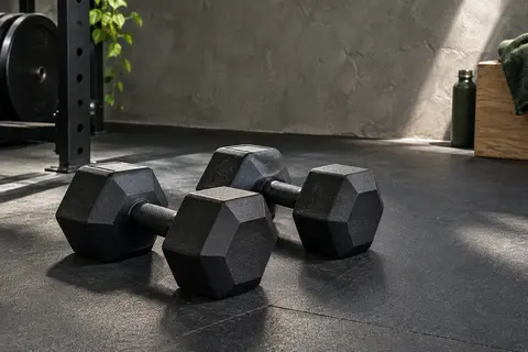 Paire d’haltères hexagonaux noirs de 10 kg posés côte à côte dans un home gym sobre