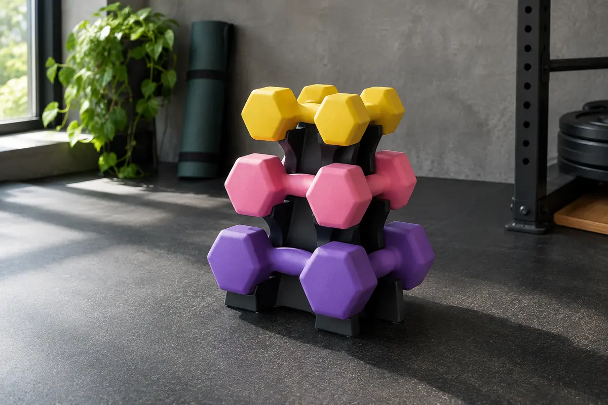 Trois paires d’haltères jaunes, roses et violettes rangées sur leur support compact dans un home gym.