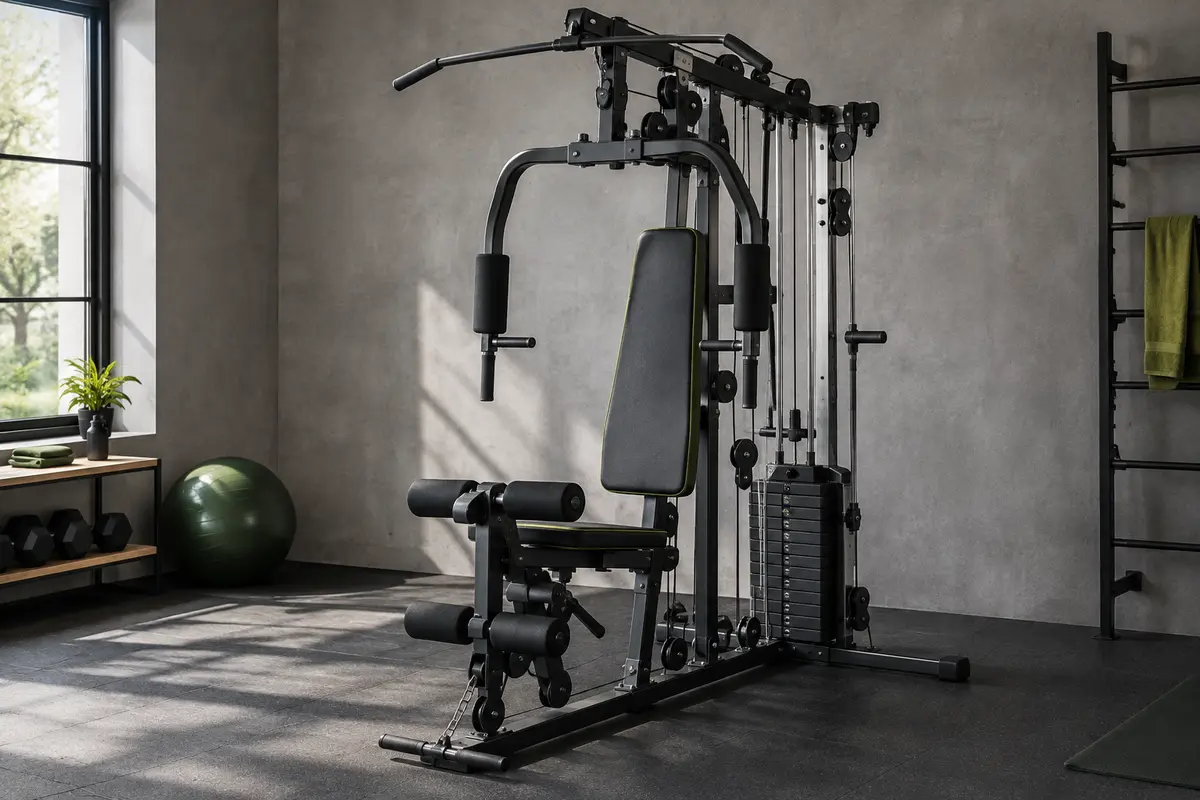 Station de musculation Sportstech HGX100 avec poulies et barre de traction dans un home gym sobre