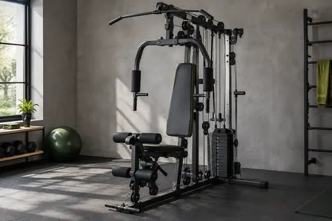 Station de musculation Sportstech HGX100 avec poulies et barre de traction dans un home gym sobre
