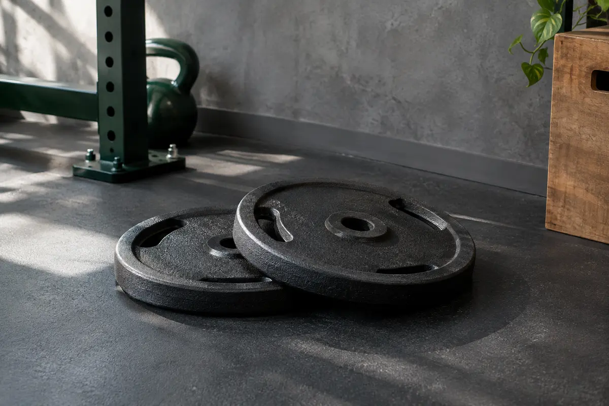 Paire de disques de musculation en fonte de 1,25 kg avec bord de préhension, posée dans un home gym sobre