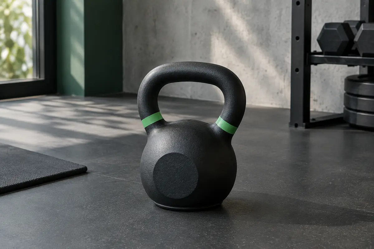 Kettlebell noire en fonte de 10 kg avec poignée ergonomique et base plate, posée dans un home gym sobre.