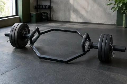 Barre hexagonale noire à poignées pivotantes et manchons chargés de disques dans un home gym