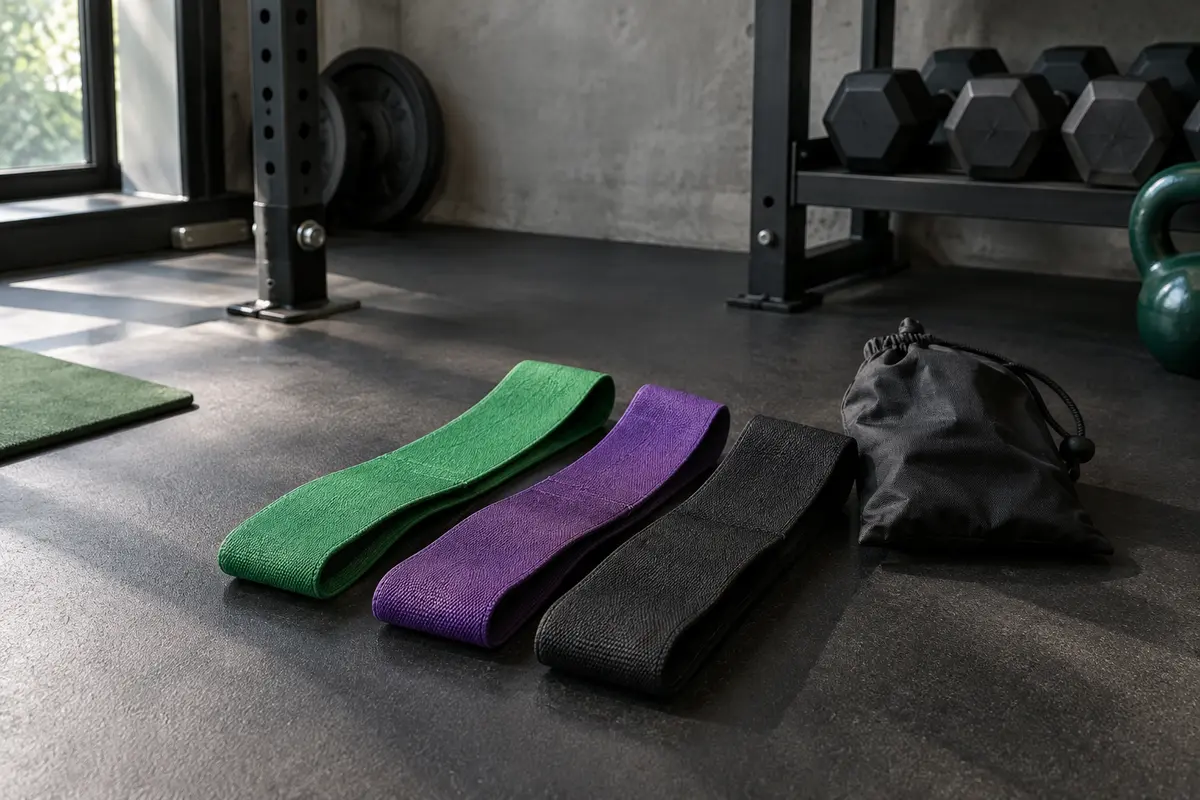 Trois bandes élastiques textiles Suright, verte, violette et noire, posées dans un home gym sobre.