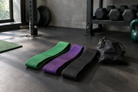 Trois bandes élastiques textiles Suright, verte, violette et noire, posées dans un home gym sobre.