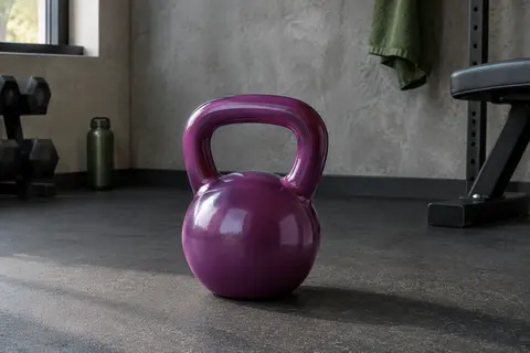 Kettlebell Sveltus de 12 kg en vinyle prune posée sur le sol d’un home gym