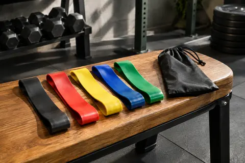 Cinq bandes de résistance multicolores et leur sac de transport posés dans un home gym sobre.