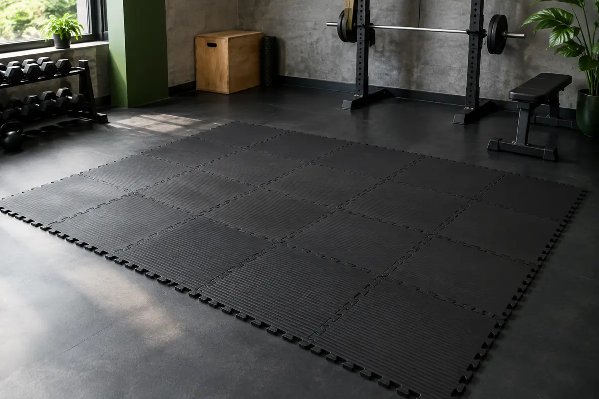 Dalles noires en mousse EVA emboîtées en rectangle sur le sol d’un home gym.