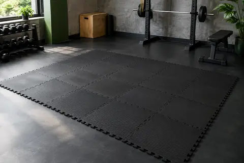 Dalles noires en mousse EVA emboîtées en rectangle sur le sol d’un home gym.