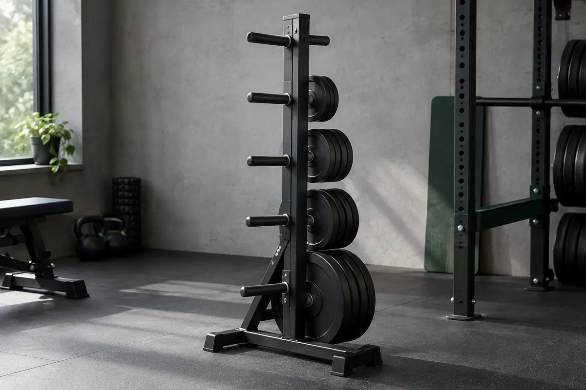 Rack noir à sept branches pour disques de musculation, installé dans un home gym sobre