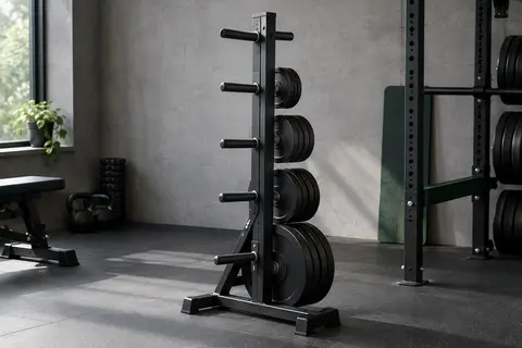 Rack noir à sept branches pour disques de musculation, installé dans un home gym sobre