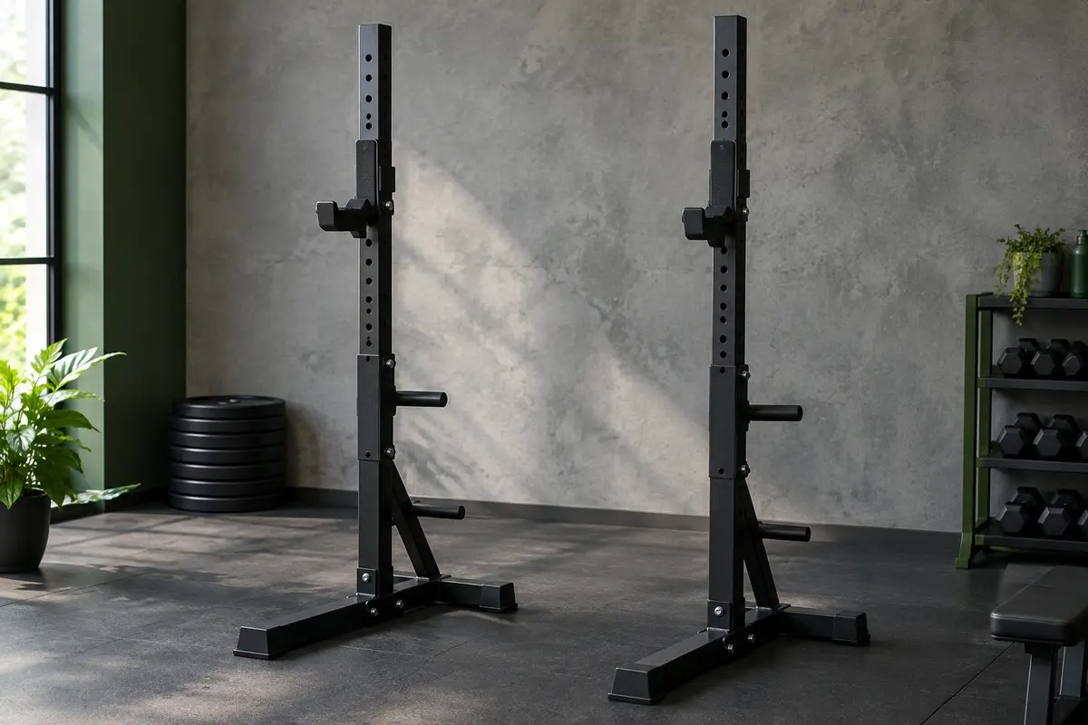 Support de squat réglable en acier noir avec appuis caoutchoutés et porte-disques intégrés