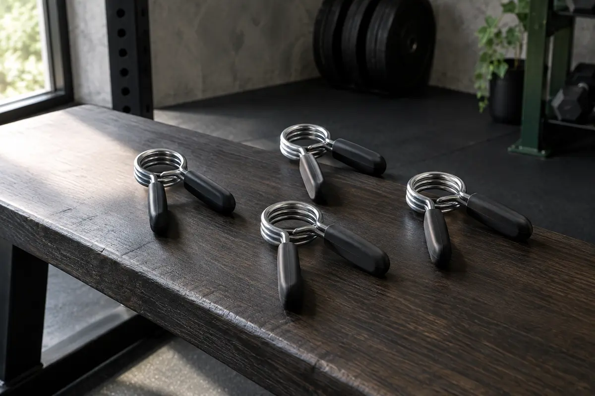 Quatre pinces à ressort en acier avec poignées en caoutchouc, posées sur un banc dans un home gym