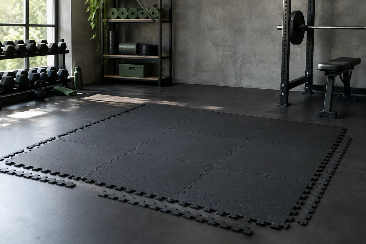 Dalles puzzle noires en EVA assemblées au sol dans un home gym sobre et fonctionnel.