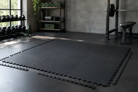 Dalles puzzle noires en EVA assemblées au sol dans un home gym sobre et fonctionnel.