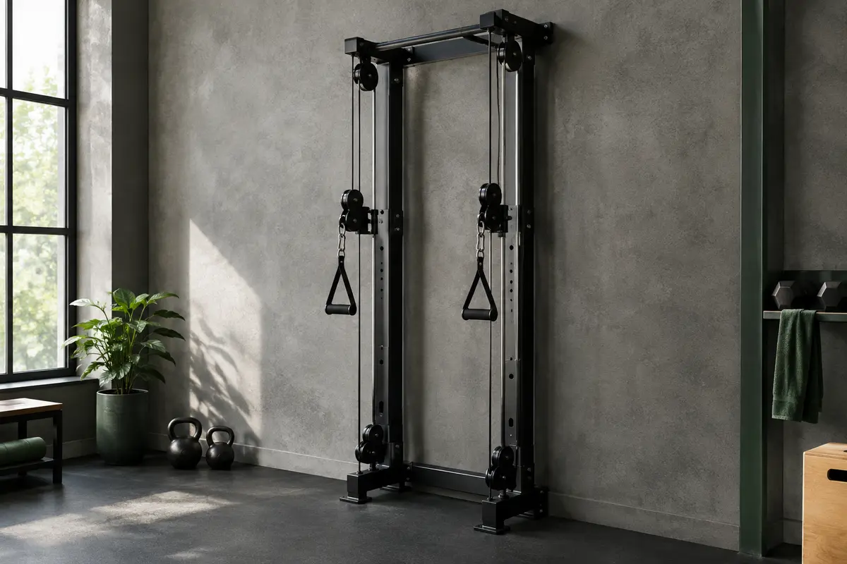 Tour de traction murale noire à deux câbles installée dans un home gym sobre.
