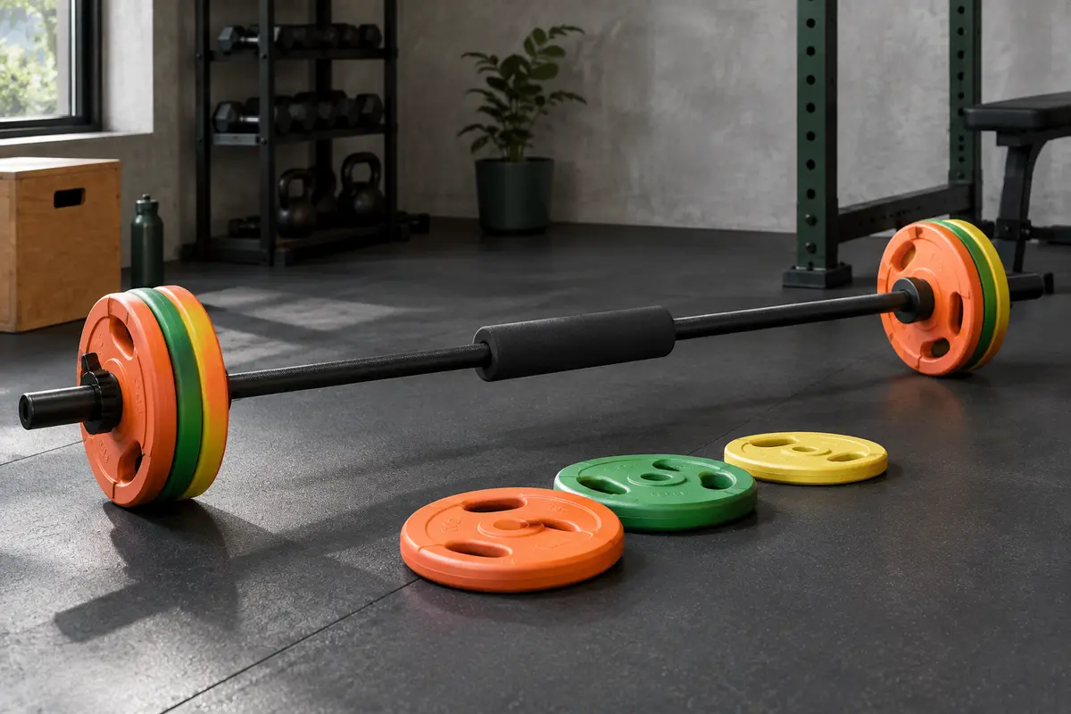 Barre de pump métallique avec mousse centrale et disques colorés à poignées posés dans un home gym