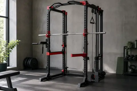 Cage à squat noire et rouge avec supports réglables, barre de traction, poignées de dips et poulies