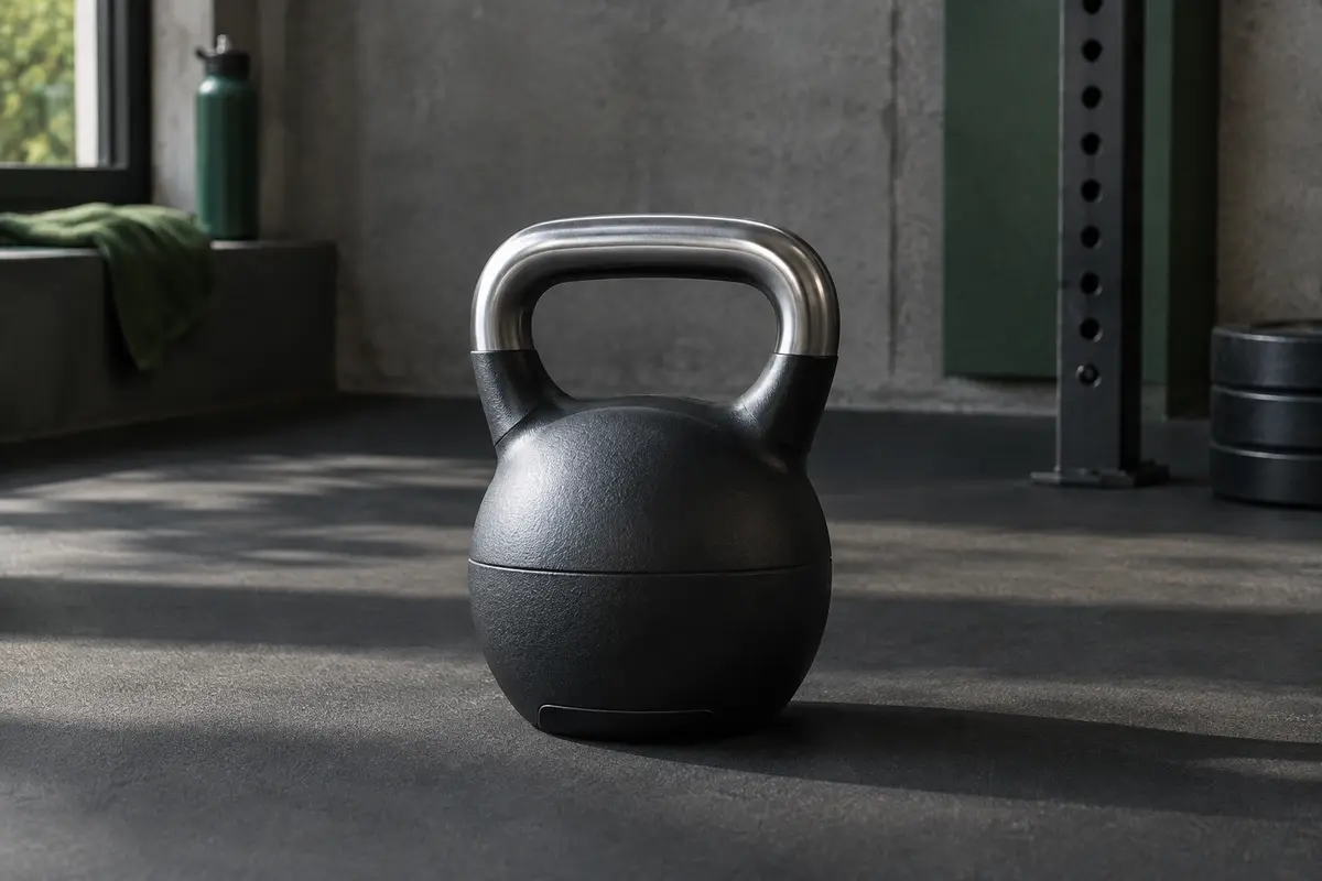 Kettlebell réglable noir Vevor posé sur le sol d’un home gym sobre, avec poignée en aluminium.