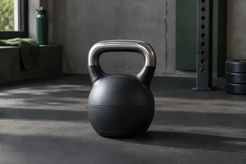 Kettlebell réglable noir Vevor posé sur le sol d’un home gym sobre, avec poignée en aluminium.