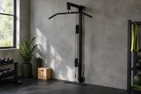 Poulie murale noire vidaXL à deux tirages, fixée dans un espace de musculation à domicile.