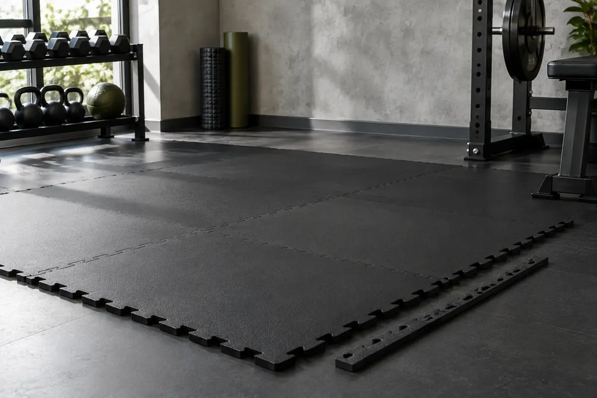 Tapis noir de 18 dalles puzzle en mousse EVA assemblé sur le sol d’un home gym sobre.