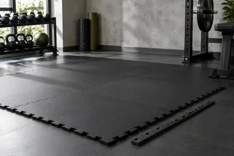 Tapis noir de 18 dalles puzzle en mousse EVA assemblé sur le sol d’un home gym sobre.