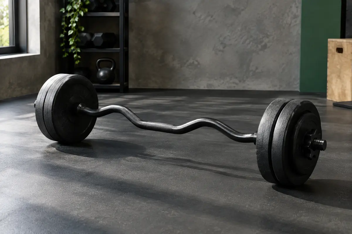 Barre EZ noire équipée de ses disques amovibles, posée dans un home gym sobre.