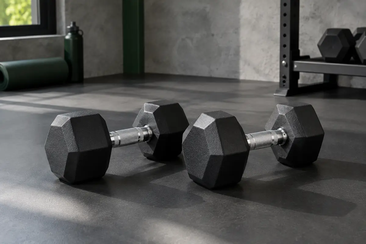 Paire d’haltères fixes à têtes hexagonales en PVC et poignées antidérapantes dans un home gym sobre