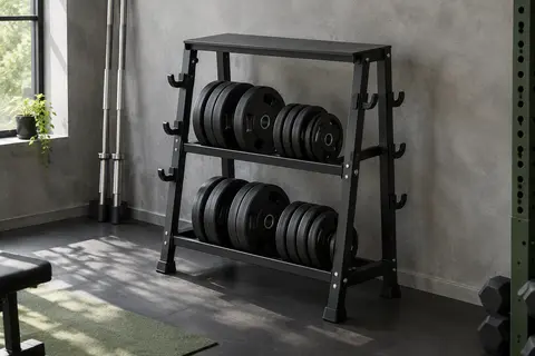 Support noir à trois niveaux pour plaques, barres et haltères, installé dans un home gym sobre.