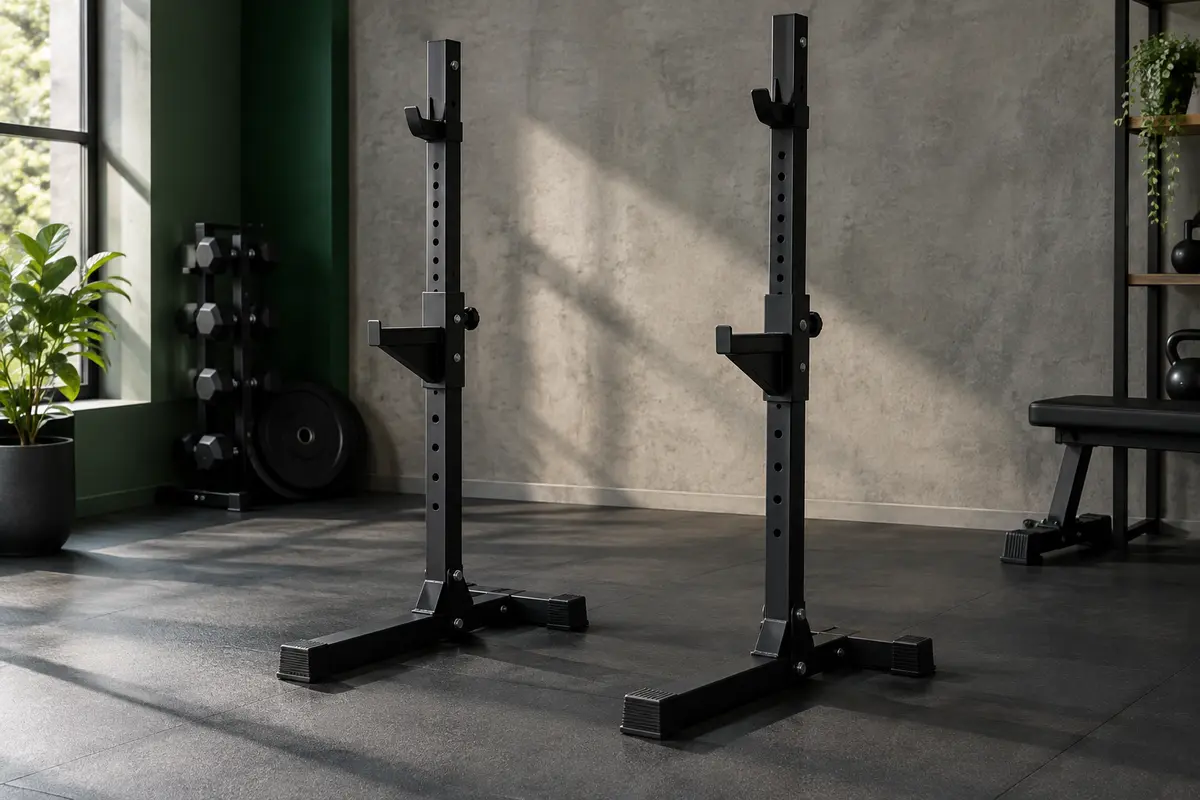 Paire de supports de squat noirs réglables avec bases en H et pieds en caoutchouc dans un home gym