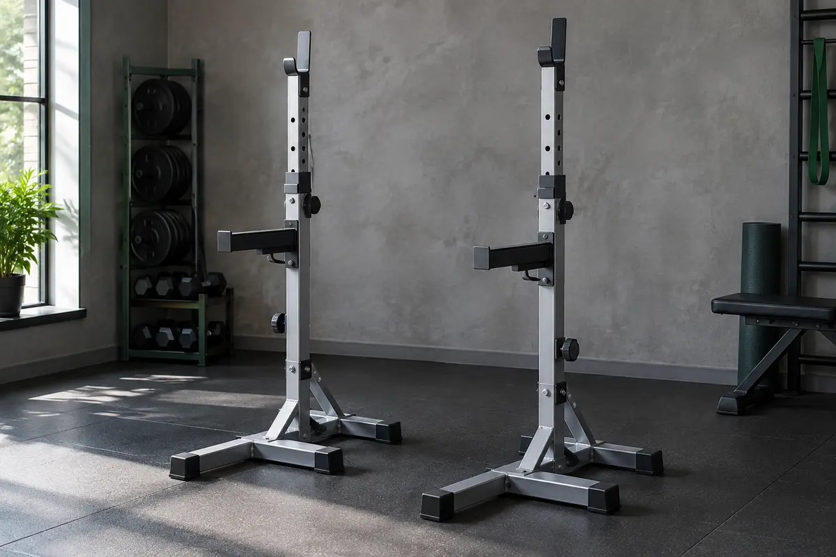 Paire de supports de squat réglables avec bases en H et bras d’appui dans un home gym sobre.