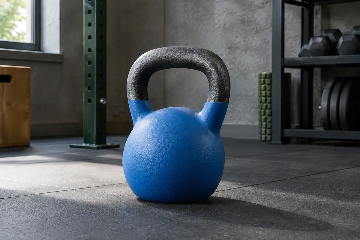 Kettlebell Yes4All bleue en fonte, avec poignée large et base plate, posée dans un home gym