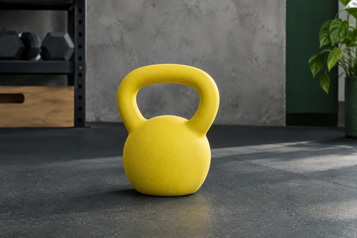 Kettlebell Yes4All jaune citron de 4 kg, avec poignée large et base plate, posée sur un sol sombre.