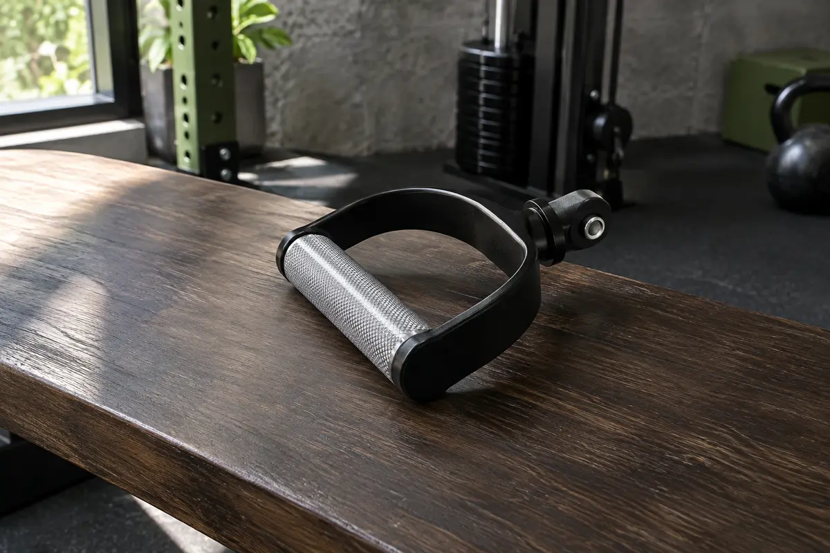Poignée de tirage en D noire et moletée posée sur un banc dans un home gym sobre.