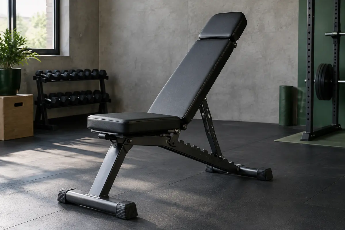 Banc de musculation pliable noir à dossier réglable et appui-tête élargi dans un home gym