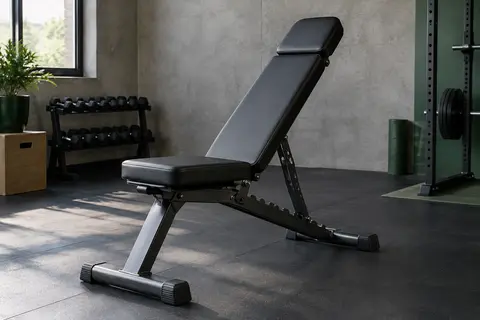 Banc de musculation pliable noir à dossier réglable et appui-tête élargi dans un home gym