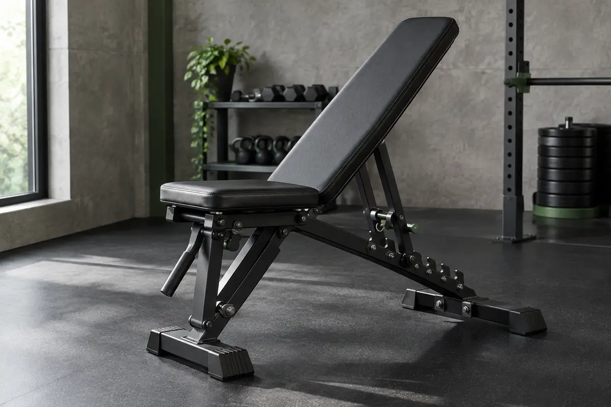 Banc de musculation réglable noir avec dossier rembourré et cadre en acier dans un home gym